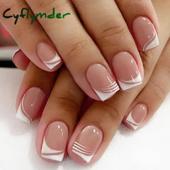 Cyflymder 24pcs False Nail Full Cover Fake Nail Elegant Pink Gradient Glitter French Short Nails Coffin Short False Nail Press On Nails