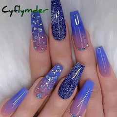 Cyflymder 24Pcs False Nails Rhinestone Glitter Marble Grain Design Fake Fingernails Long Ballet Wearable Acrylic Full Cover Press on Nails