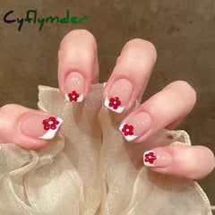 Cyflymder 24pcs French False Nails Short Cherry Design Fake Nails Art Full Coverage Waterproof Artificial Press on Nail with Tools