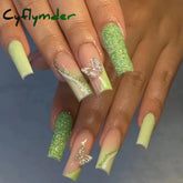 Cyflymder 24Pcs Green Butterfly False Nails Long Ballet Coffin Glitter with Glue French Design Wearable Fake Nails Press On Nail Tips