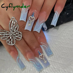 Cyflymder 24Pcs Green Butterfly False Nails Long Ballet Coffin Glitter with Glue French Design Wearable Fake Nails Press On Nail Tips