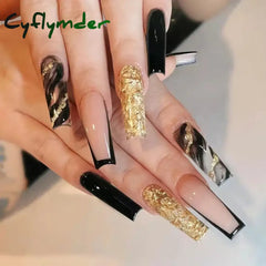 Cyflymder 24Pcs Green Butterfly False Nails Long Ballet Coffin Glitter with Glue French Design Wearable Fake Nails Press On Nail Tips
