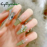 Cyflymder 24Pcs Green Long Ballerina False Nails Butterfly with Glue Wearable Fake Nails Spring Rhinestones Full Cover Press on Nail Tips