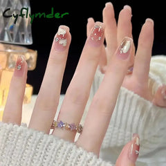 Cyflymder 24Pcs Green Long Ballerina False Nails Butterfly with Glue Wearable Fake Nails Spring Rhinestones Full Cover Press on Nail Tips