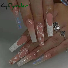 Cyflymder 24Pcs Long Ballet False Nails Full Cover Fake Nails with Rhinestone Brown Wood Grain Design Nail Tips Coffin Press on Nails