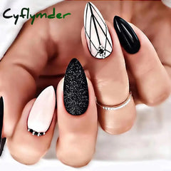 Cyflymder 24Pcs Long Stiletto Fake Nail Pink Marble Design Wearable French Almond False Nails Full Cover Press on Nails DIY Stick on Nails
