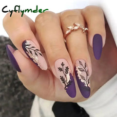 Cyflymder 24Pcs Long Stiletto Press on Nails Box Acrylic False Nails with Almond Designs Black Gold Foil French Full Cover Fake Nail Tips