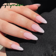 Cyflymder 24pcs milkey gradient white glitter false nails with glue press on nails almond acrylic fake nail diamond ballet artificial nail