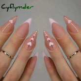 Cyflymder 24Pcs Round Head Fake Nails with French Design Long Almond Pink Love False Nail Tips Wearable Acrylic Full Cover Press on Nails