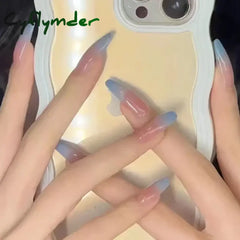 Cyflymder 24Pcs/Set Long Ballet Fake Nails Art Nude Pink Gradient False Nails Full Coverage Waterproof Artificial Press on Nail with Tools