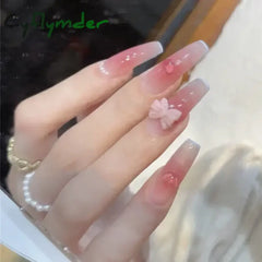 Cyflymder 24Pcs/Set sweetheart gradient pink Pattern Design False Nail French coffin Full Cover Fake Nails Glue DIY Manicure Nail Art Tool