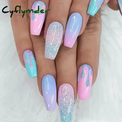 Cyflymder 24Pcs/Set Wine Red Long Ballet Fake Nails Gold Glitter Gradient Artificial Removable Acrylic Press on Nails Art Stick on Nails