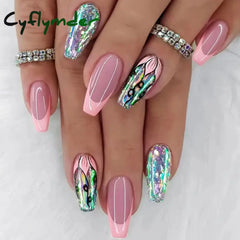 Cyflymder 24Pcs/Set Wine Red Long Ballet Fake Nails Gold Glitter Gradient Artificial Removable Acrylic Press on Nails Art Stick on Nails