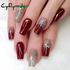 Cyflymder 24Pcs/Set Wine Red Long Ballet Fake Nails Gold Glitter Gradient Artificial Removable Acrylic Press on Nails Art Stick on Nails