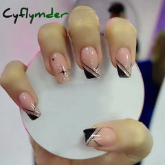 Cyflymder 24Pcs Simple Black Fake Nail Short Square Head False Nails with Glitter Star Designs Wearable French Press on Nail Tips Manicure