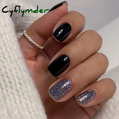 Cyflymder 24pcs Square False Nails Simple White French Glitter Fake Nails Full Cover Detachable Nail Tips Press on Nails Wholesale