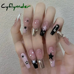Cyflymder 24pcs Sweet Cool Y2k Style Ballet False Nails with Glue Acrylic Press on Nails Coffin Almond Full Cover Fake Nails Stick on Nail