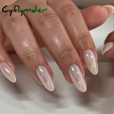Cyflymder 24pcs White Pearl Press on Nails without Glue French False Nails Tip Long Oval Ballet Fake Tips Extension Manicure Decoration