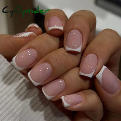 Cyflymder 24pcs White Pearl Press on Nails without Glue French False Nails Tip Long Oval Ballet Fake Tips Extension Manicure Decoration
