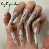 Cyflymder 24pcs y2k Long Pointed False Nails Cool Girl Style Silver Flame Pattern Press on Nails Detchable Full Cover Fake Nail Patches