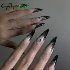 Cyflymder 24pcs y2k Long Pointed False Nails Cool Girl Style Silver Flame Pattern Press on Nails Detchable Full Cover Fake Nail Patches