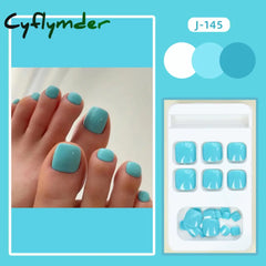 Cyflymder 24Ps Glossy Lake Blue Press on Toe Nails Artificial Acrylic Fake Toenails Full Coverage Removable Wearable Toe Nail Art Finished