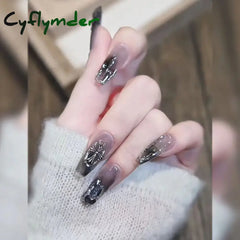 Cyflymder Black Square Press On Nails with 3D Cross Designs - Full Cover Acrylic False Nails for Women and Girls Detachable Long Fake nail