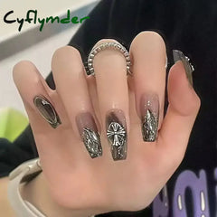 Cyflymder Black Square Press On Nails with 3D Cross Designs - Full Cover Acrylic False Nails for Women and Girls Detachable Long Fake nail