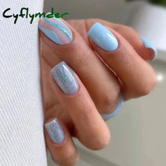 Cyflymder New Glacier Blue Jelly False Nail Shining Short Round Fake Nails Detachable Full Cover French Nail Tips for Salon DIY Nail Tool
