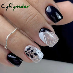 Cyflymder Press on Nails Black Butterfly French Fake Nails Rhinestone False Nail Patch Short Ballet Full Cover Artificial Art Nail Tip
