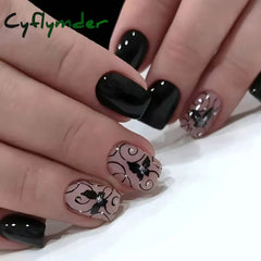 Cyflymder Press on Nails Black Butterfly French Fake Nails Rhinestone False Nail Patch Short Ballet Full Cover Artificial Art Nail Tip