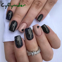Cyflymder Press on Nails Black Butterfly French Fake Nails Rhinestone False Nail Patch Short Ballet Full Cover Artificial Art Nail Tip