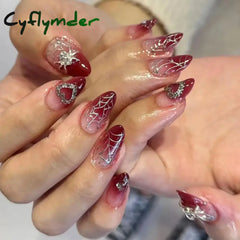 Cyflymder Simple Stiletto French Fake Nails for Valentine's Day Almond Sweet False Nails with Glue Full Cover Artificial Nails Press On
