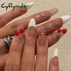 Cyflymder Simple Stiletto French Fake Nails for Valentine's Day Almond Sweet False Nails with Glue Full Cover Artificial Nails Press On