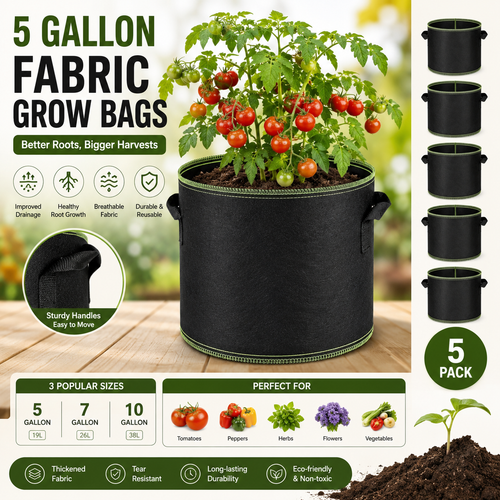 🌱 5-Pack Grow Bags(Full Size) – Heavy Duty Aeration Fabric Pots with Handles for Vegetables, Flowers & Fruits 🪴