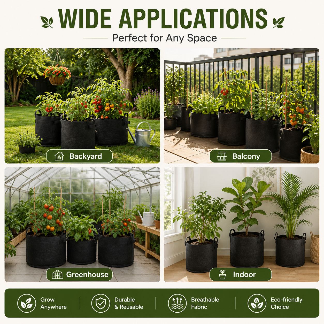 🌱 5-Pack Grow Bags(Full Size) – Heavy Duty Aeration Fabric Pots with Handles for Vegetables, Flowers & Fruits 🪴