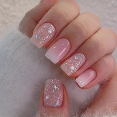 24Pcs Glitter French Fake Nails with Broken Diamond Colorful Aurora Sequin Press on False Nails Tips Wearable Ballet Manicure