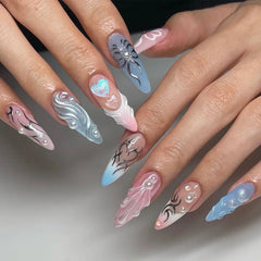 24Pcs Mid-length Almond Fake Nail Tips Pink French 3D Press on False Nails with Bow Design Wearable Oval Head Manicure Art