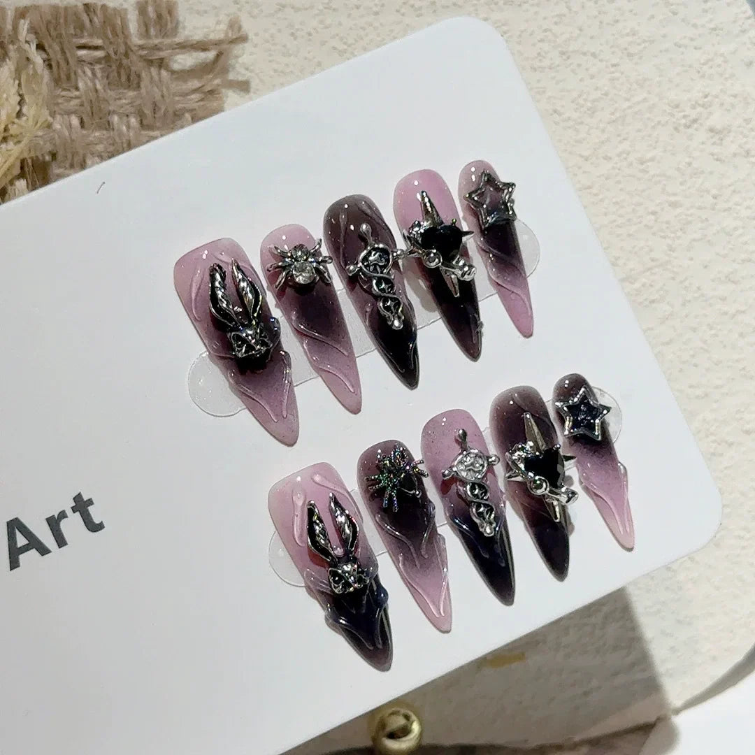 10Pcs Light Luxury Long Dark Black False Nails Pink Glitter Spice Girls Wearing Manicure 3D Bow Rhinestone Fashion Acrylic Nails