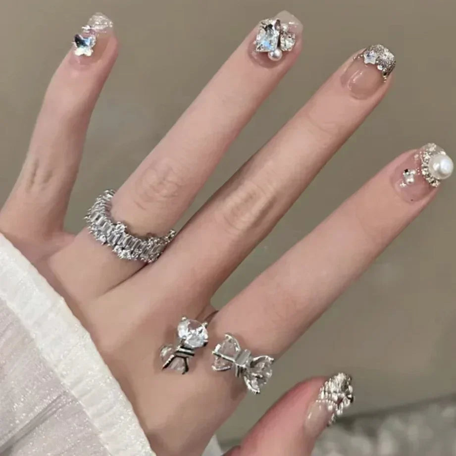 Shiny Crystal Glitter Powder Cat Eye Rhinestone Pearl Short Fake Nails Art Korean False Nails Zircon DIY Press on Nails Manicure