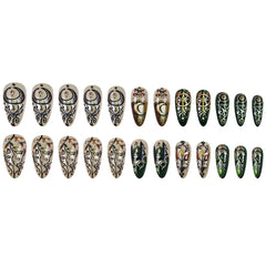 24pcs Mandala style False Nails Moon Flower Pattern Press on Nails European Retro Fake Nail Patch Women Lady Wearable Design