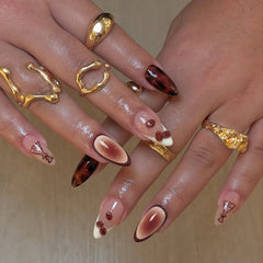 24Pcs Dark Red Leopard Print Pattern Fake Nails Patch Sweet Cool 3D Cherry Press on Nail Lip Print French Almond Nails for Women