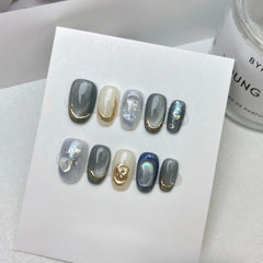 10Pcs Handmade Short Oval Amber Cat's Eye False Nails French 3D Lovely Golden Flowers Painting Nail Tips Reusable Acrylic Nails