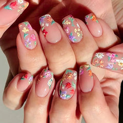 24Pcs Colorful Flowers Design Fake Nails Mid-length Ballet Press on Nails 3D Fashion Manicure Art Wearable Square False Nails