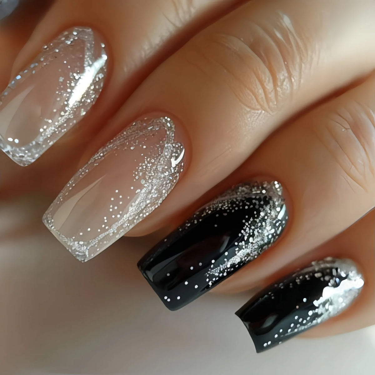 24pcs/set short middle fake nails super sparkling glitter flowers starry sky ballet square almond tips press on false nails art