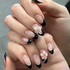 24Pcs 3D Pink Flower Wearable Nail Set Short Almond False Nails French Pearlescent Peach Pink Pearl Diamond Nail with Jelly Glue