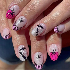 24Pcs Halloween Almond Handmade Press on Nails Full Cover Easter Bat Spider Cool Y2k Fake Nails Wearable Manicure Nail Tips Art