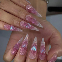 24Pcs Mid-length Almond Fake Nail Tips Pink French 3D Press on False Nails with Bow Design Wearable Oval Head Manicure Art
