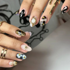 24Pcs Green French Press on Fake Nails with Almond Head Design 3D Flower Full Cover Nail Art Tips Short Round Head False Nails