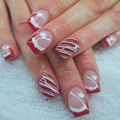 24Pcs Christmas French Fake Nail with Snowflake Design Glitter Pink Full Cover Nail Tip Xmas Short Wearable Press on False Nails